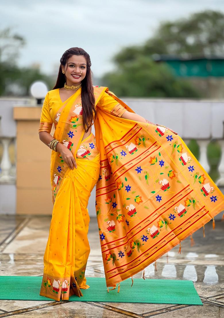 Yellow Jacquard Silk Saree Set - Indya