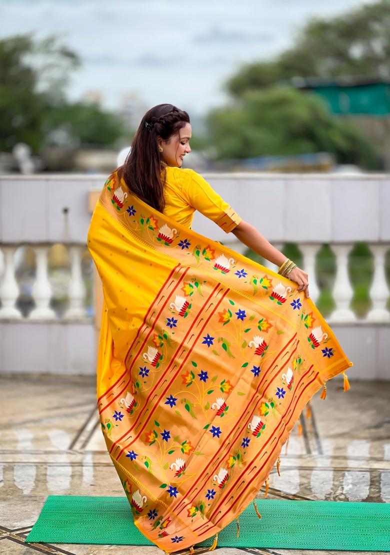Yellow Jacquard Silk Saree Set - Indya