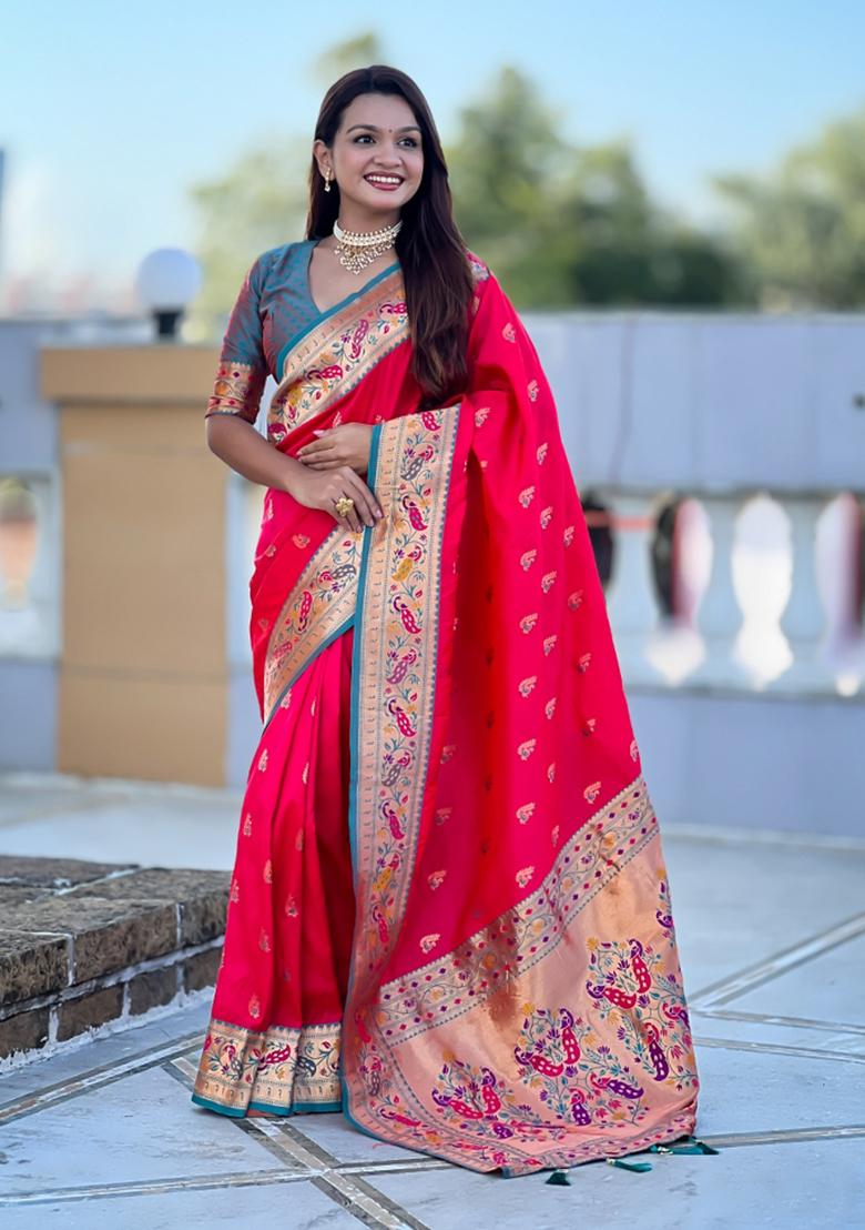 Pink Jacquard Silk Saree Set - Indya