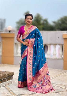 Sky Blue Jacquard Silk Saree Set