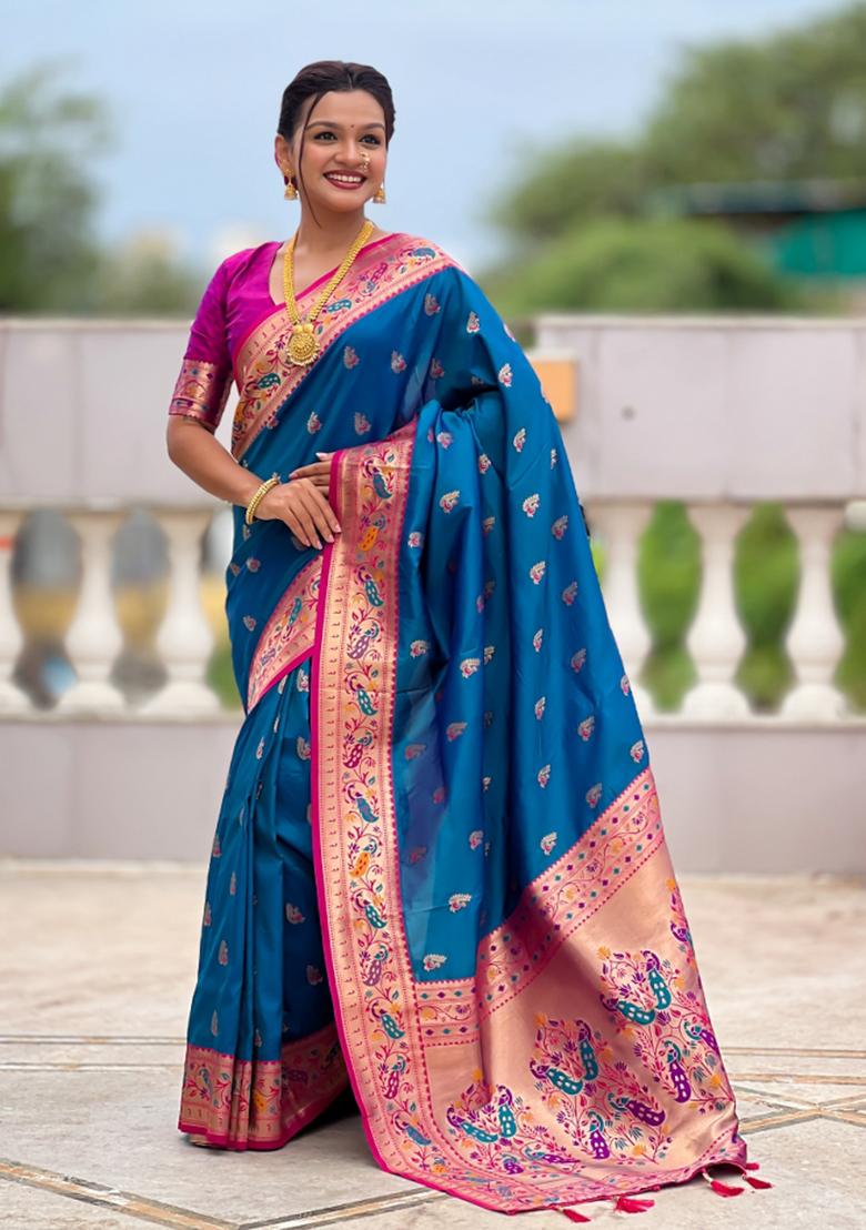 Sky Blue Jacquard Silk Saree Set - Indya