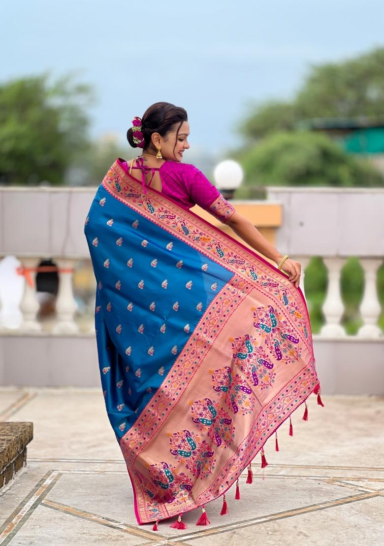 Sky Blue Jacquard Silk Saree Set - Indya