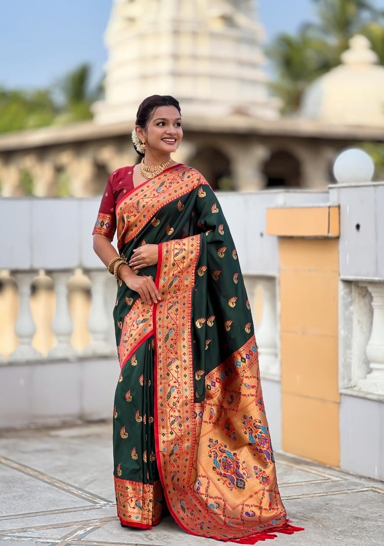 Green Jacquard Silk Saree Set - Indya