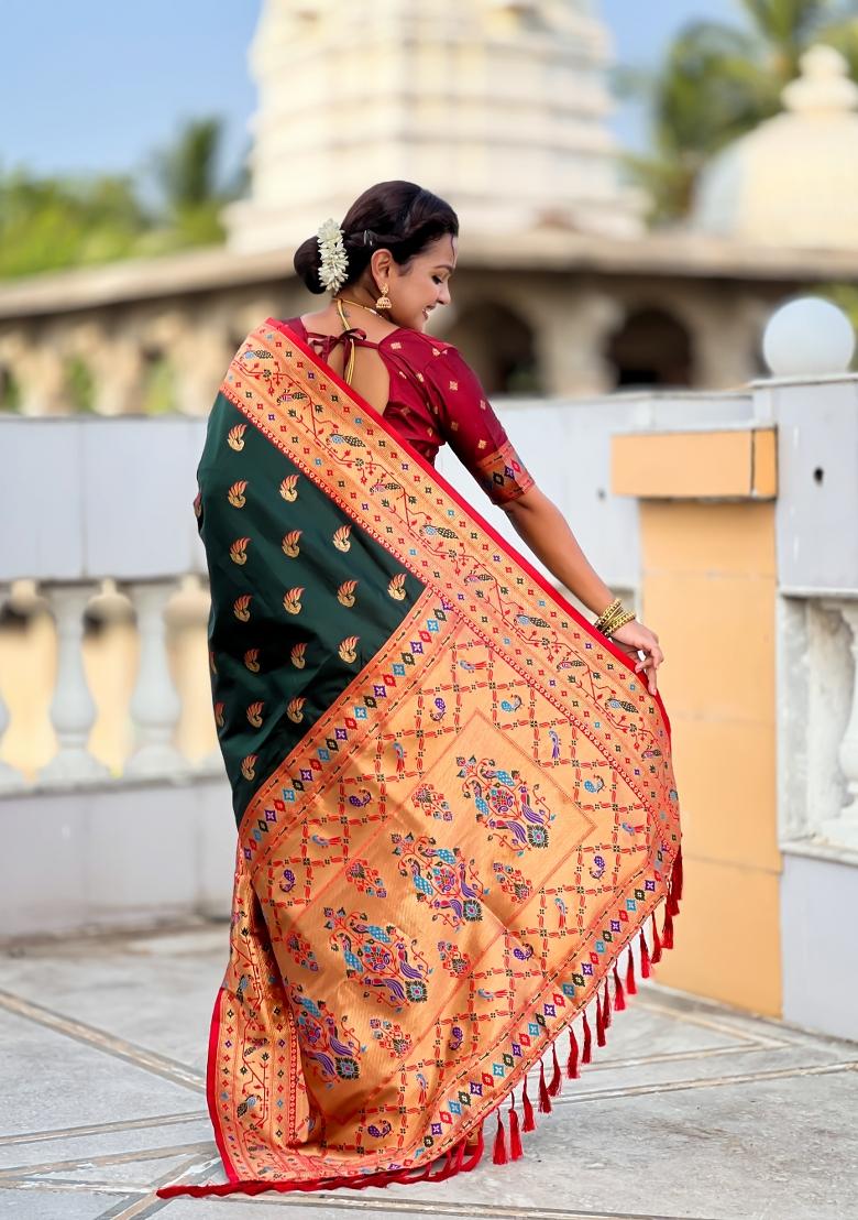 Green Jacquard Silk Saree Set - Indya