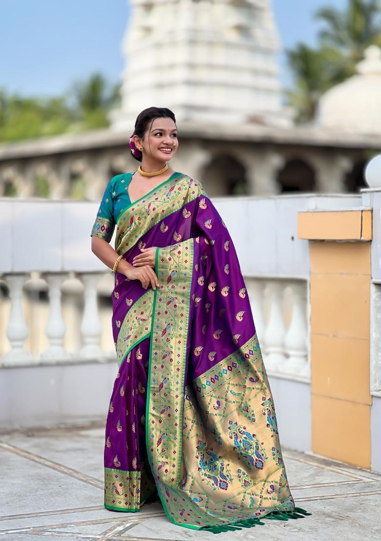 Magenta Jacquard Silk Saree Set - Indya