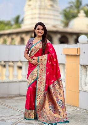 Pink Jacquard Silk Saree Set