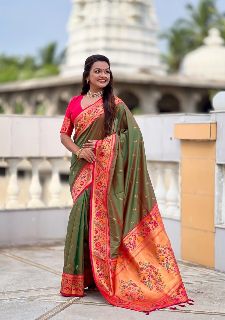 Green Jacquard Silk Saree Set - Indya