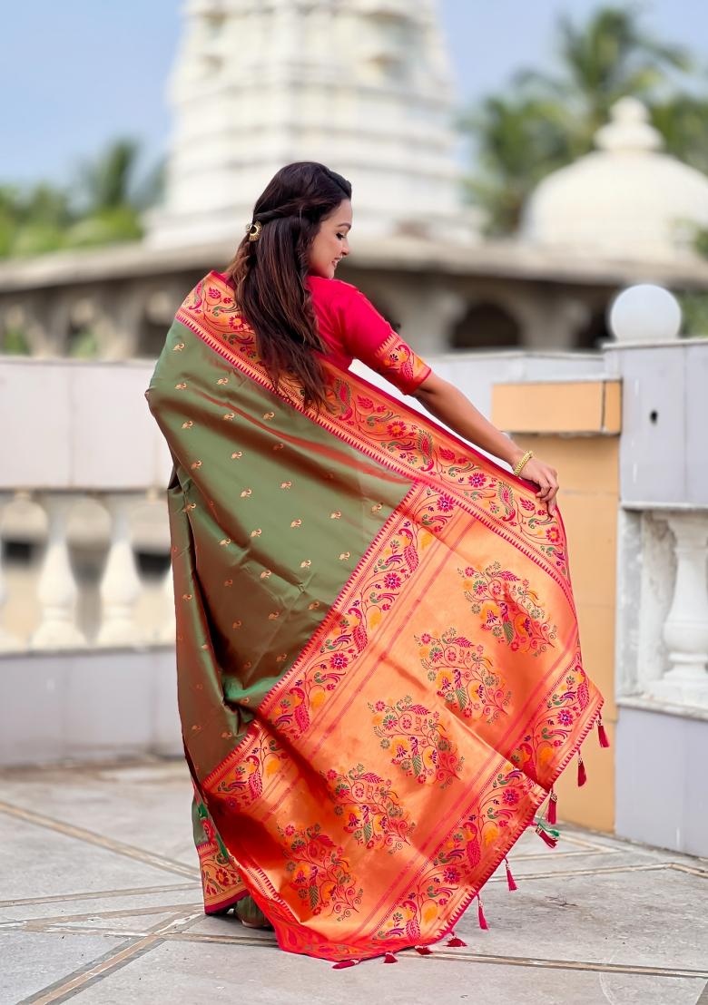 Green Jacquard Silk Saree Set - Indya