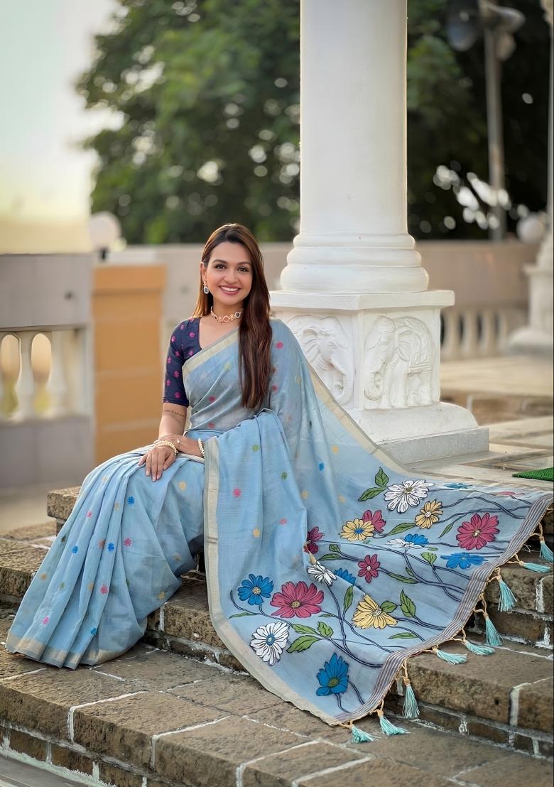 Sky Blue Woven Design Cotton Saree Set - Indya