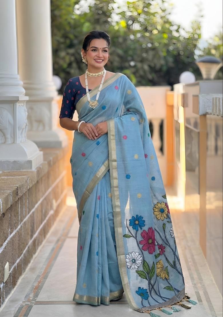 Sky Blue Woven Design Cotton Saree Set - Indya