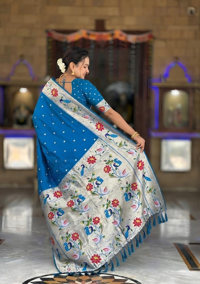 Sky Blue Jacquard Silk Saree Set - Indya