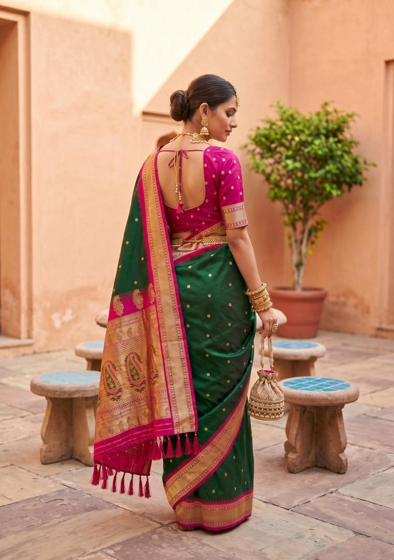 Green Jacquard Silk Saree Set - Indya