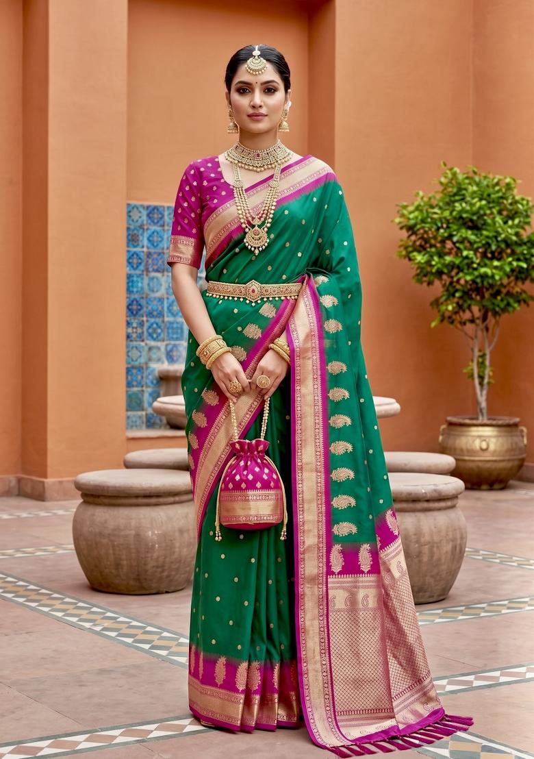 Green Jacquard Silk Saree Set - Indya