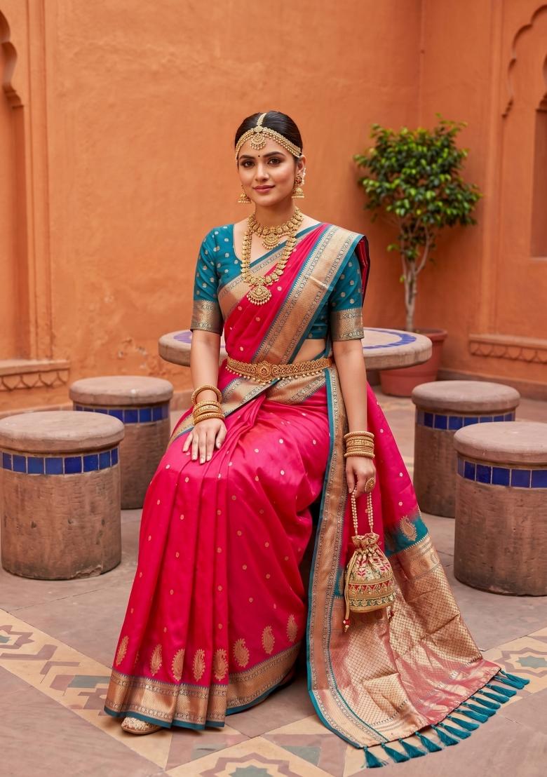 Pink Jacquard Silk Saree Set - Indya