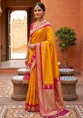 Yellow Jacquard Silk Saree Set
