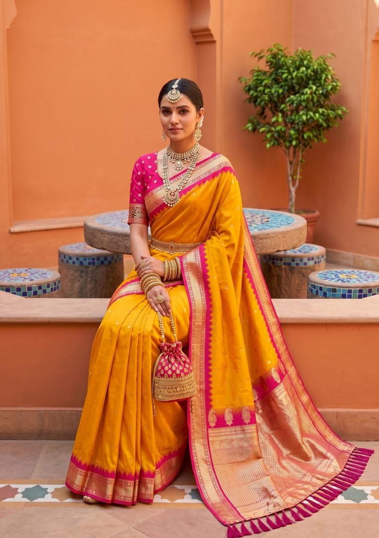 Yellow Jacquard Silk Saree Set - Indya