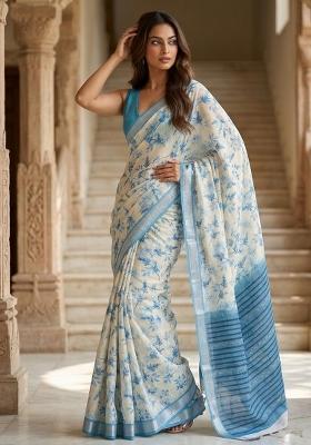 Blue Floral Print Silk Saree Set