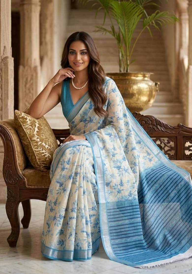 Blue Floral Print Silk Saree Set for Diwali and Festive Wear - Indya