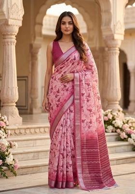 Pink Floral Print Silk Saree Set