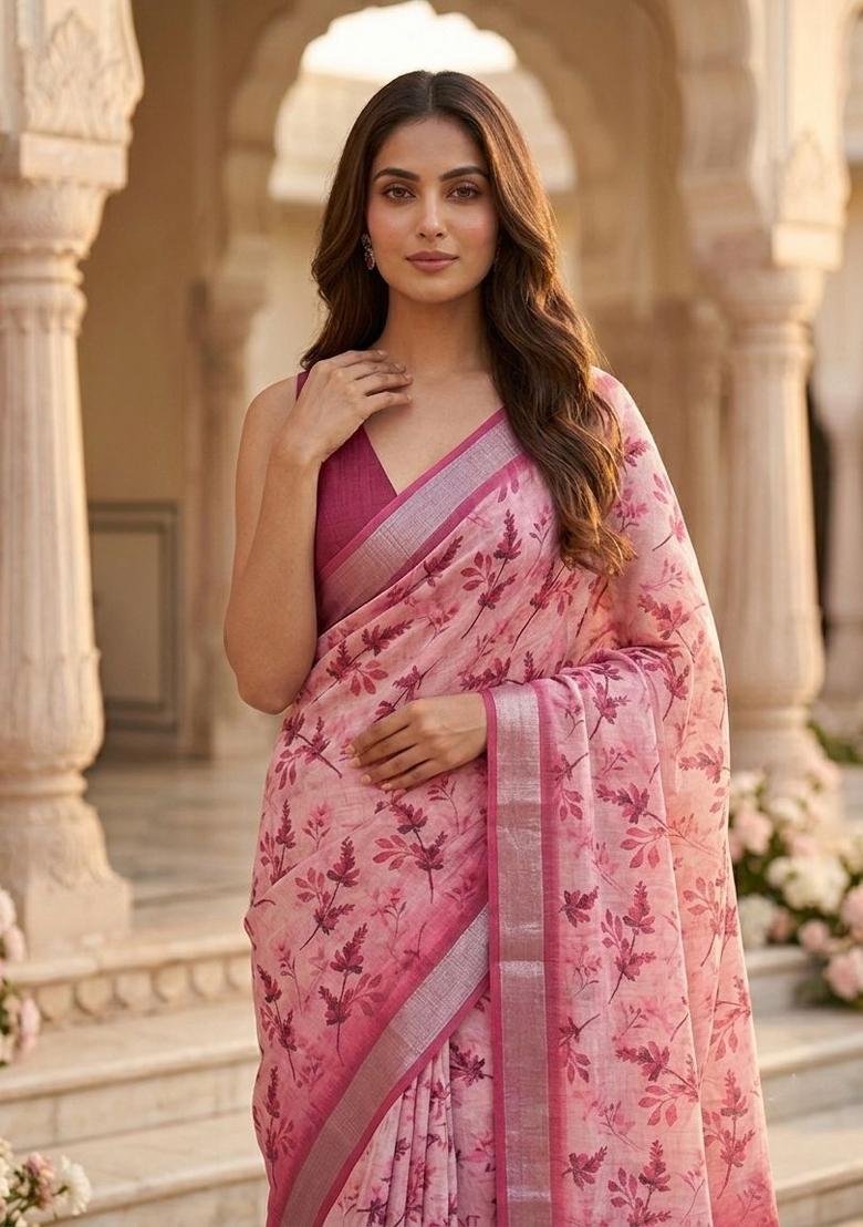 Pink Floral Print Silk Saree Set - Indya