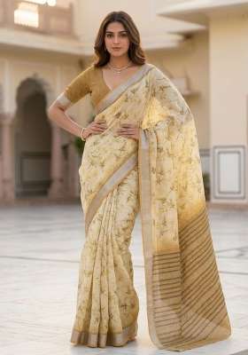 Yellow Floral Print Silk Saree Set for Diwali and Festive Wear