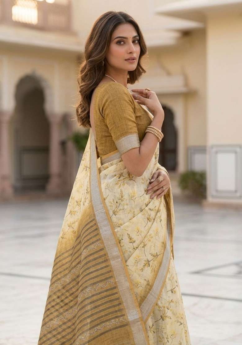 Yellow Floral Print Silk Saree Set for Diwali and Festive Wear - Indya