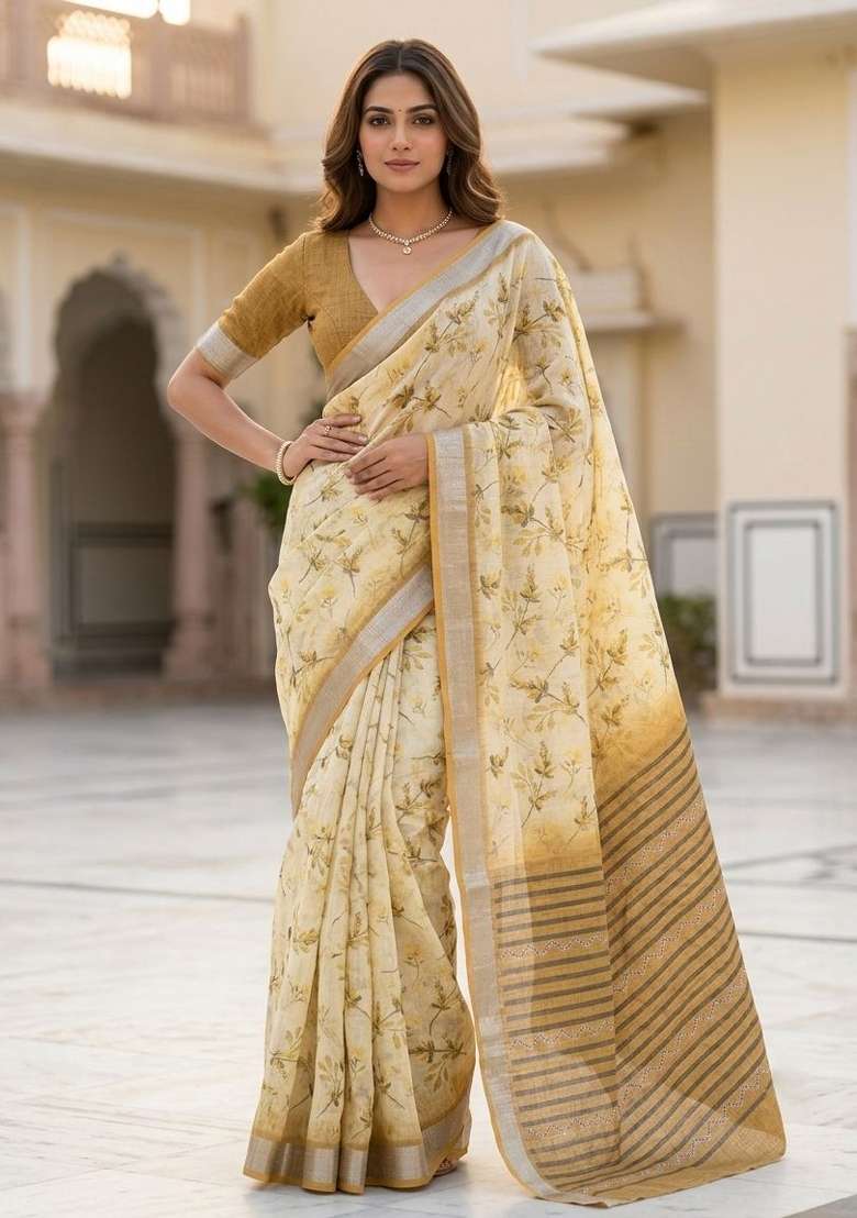 Yellow Floral Print Silk Saree Set for Diwali and Festive Wear - Indya