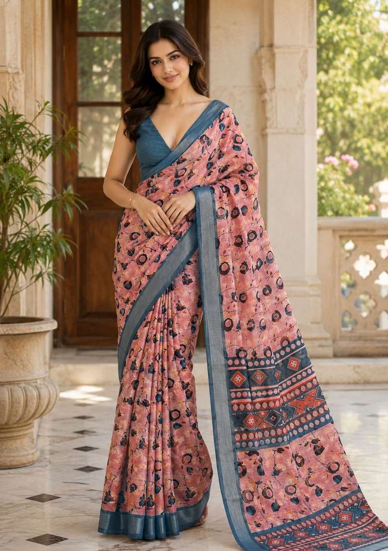 Peach Silk Saree Set with Floral Print for Diwali | Wedding & Festive Wear - Indya