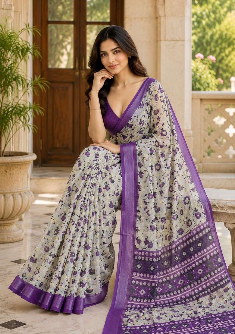 Purple Floral Print Silk Saree Set for Diwali and Festive Wear - Indya