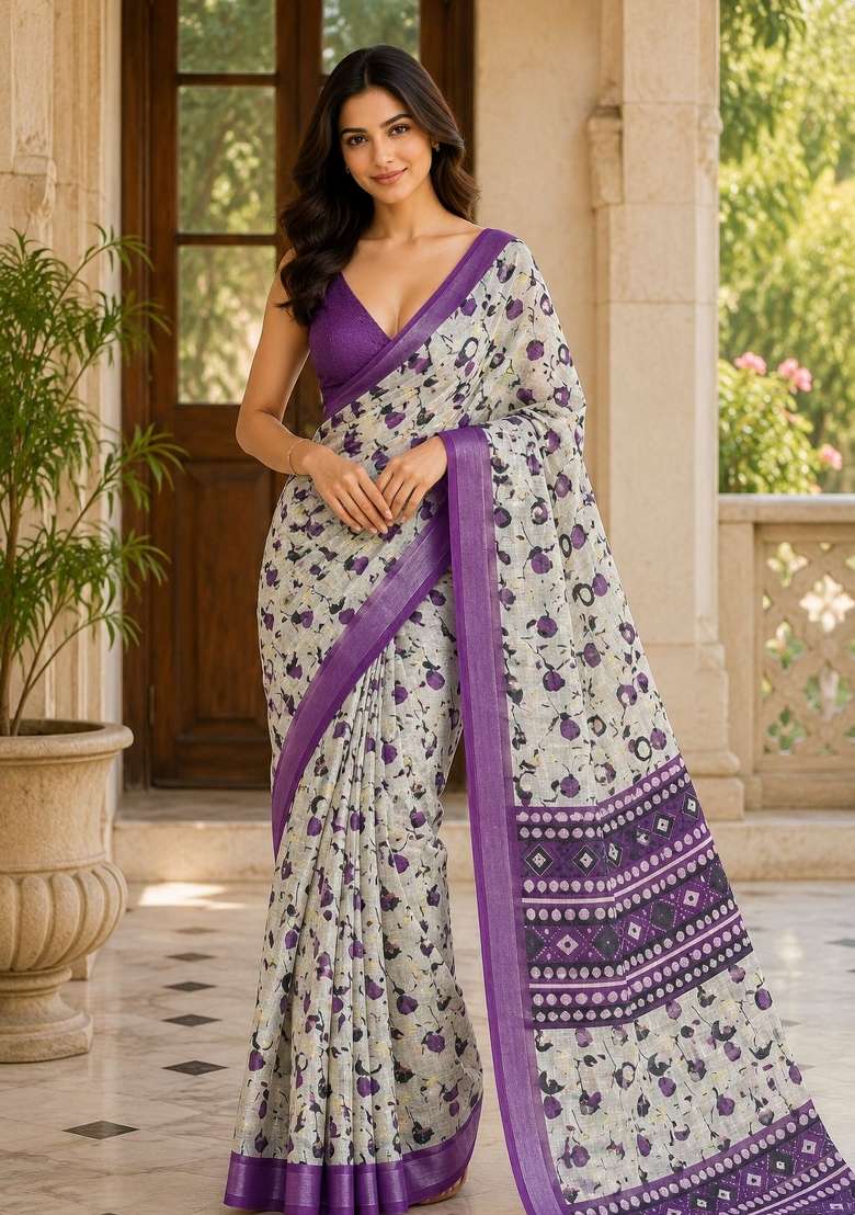 Purple Floral Print Silk Saree Set for Diwali and Festive Wear - Indya