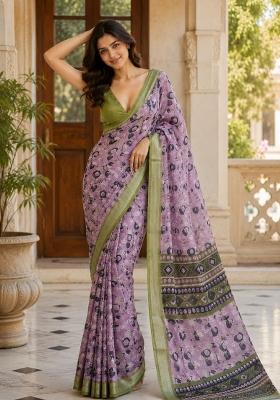 Lavender Floral Print Silk Saree Set