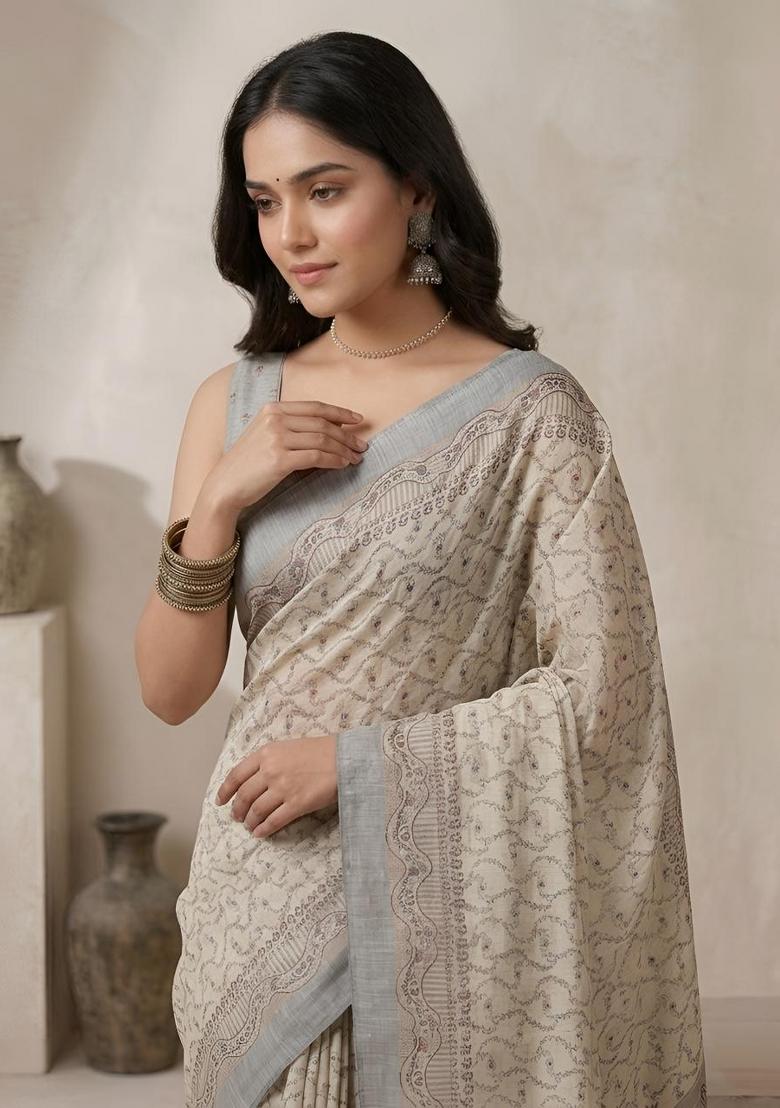 Off White Woven Design Cotton Saree Set - Indya