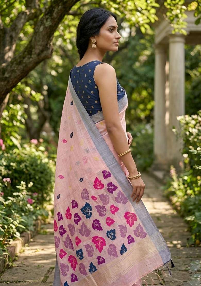 Pink Woven Design Linen Saree Set for Diwali | Wedding & Festive Wear - Indya