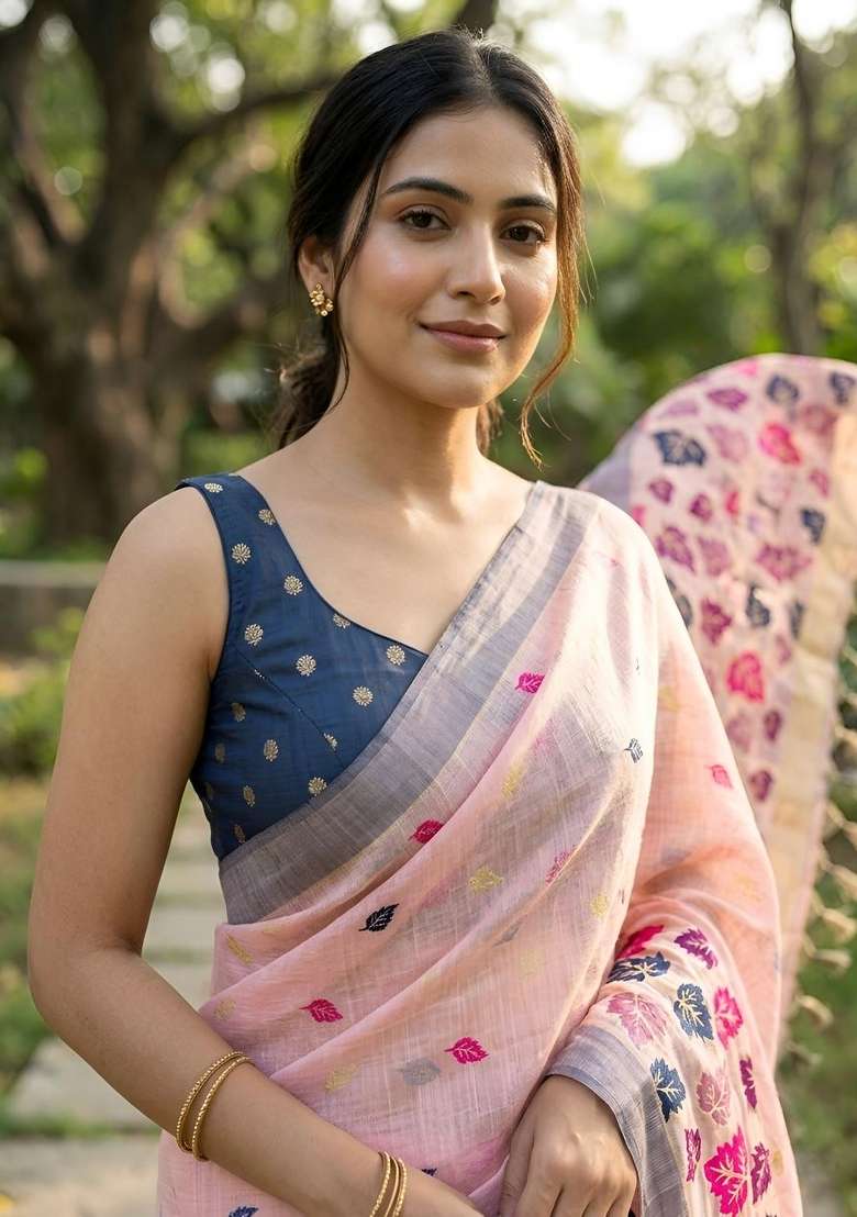 Pink Woven Design Linen Saree Set for Diwali | Wedding & Festive Wear - Indya