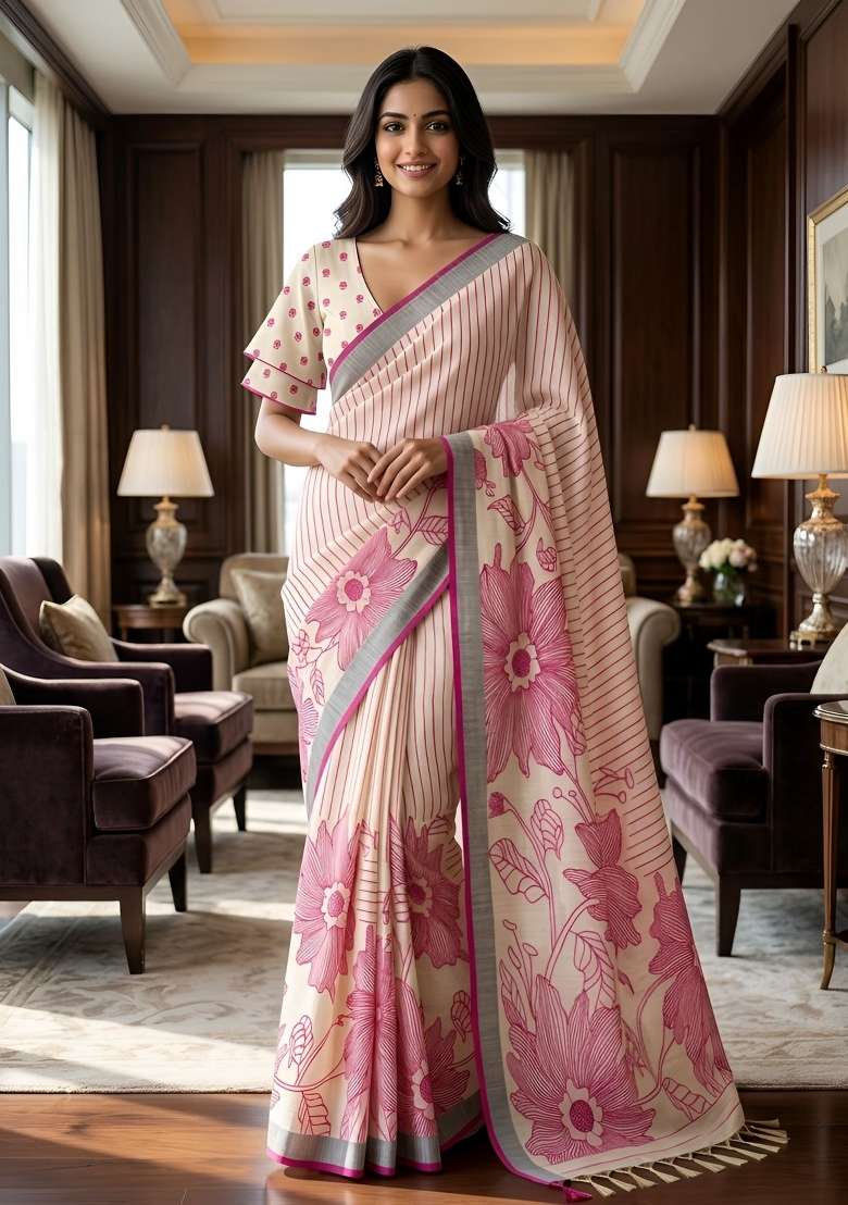 Pink Linen Saree Set with Printed for Diwali | Wedding & Festive Wear - Indya