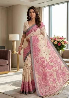 Pink Printed Linen Saree Set for Diwali and Festive Wear