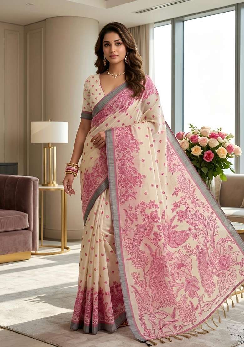 Pink Printed Linen Saree Set for Diwali and Festive Wear - Indya