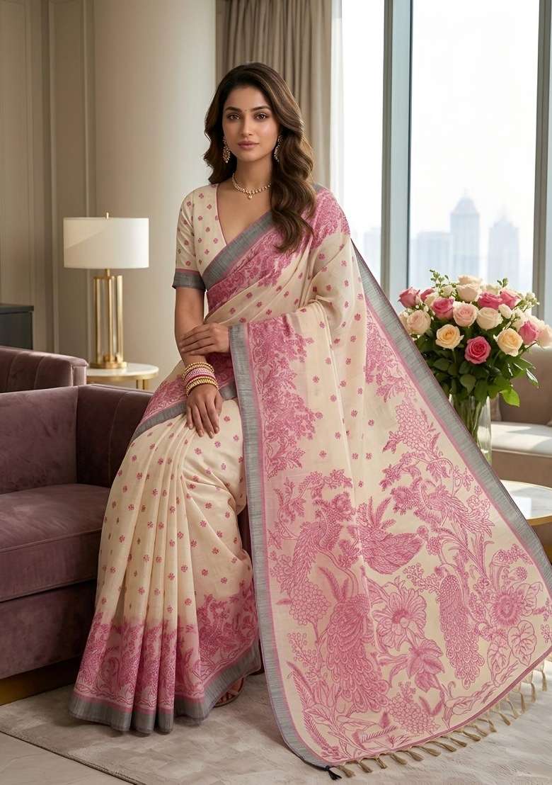 Pink Printed Linen Saree Set for Diwali and Festive Wear - Indya