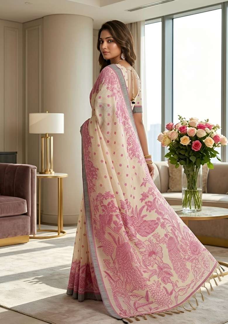 Pink Printed Linen Saree Set for Diwali and Festive Wear - Indya