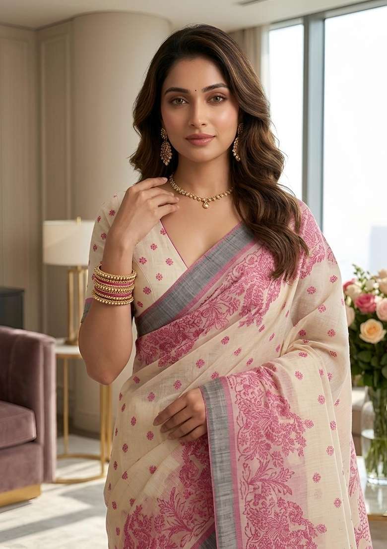 Pink Printed Linen Saree Set for Diwali and Festive Wear - Indya