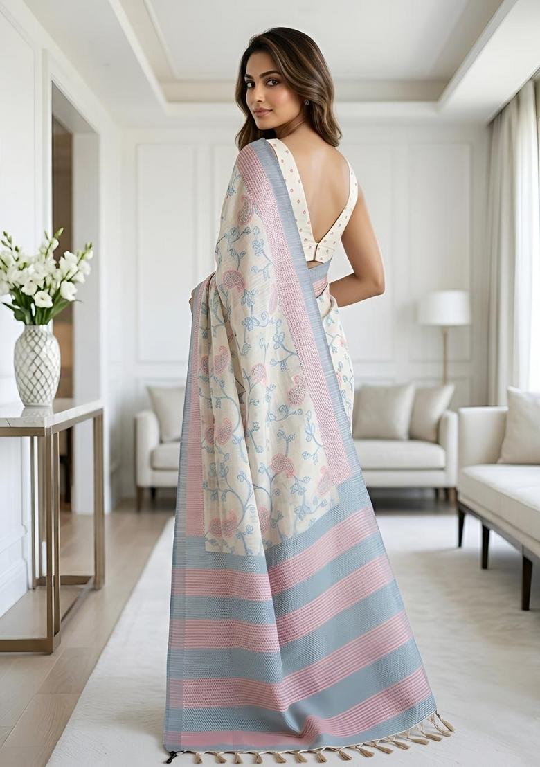 Sky Blue Woven Design Cotton Saree Set - Indya