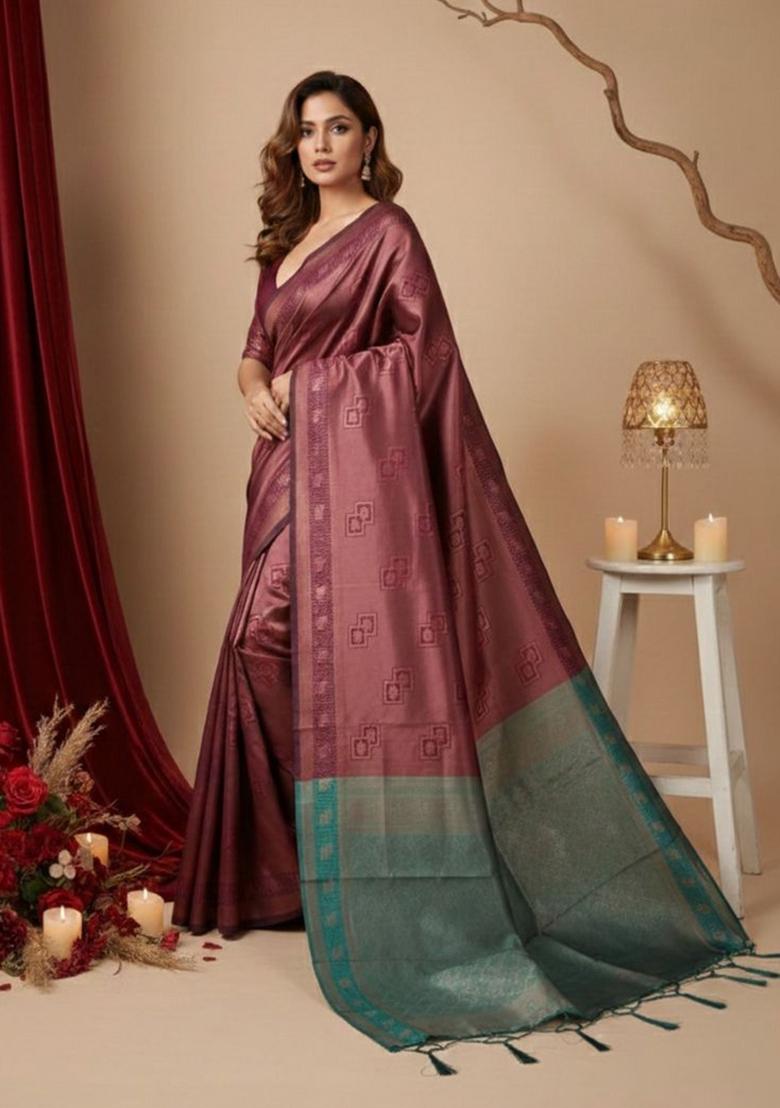 Maroon Jacquard Silk Saree Set - Indya