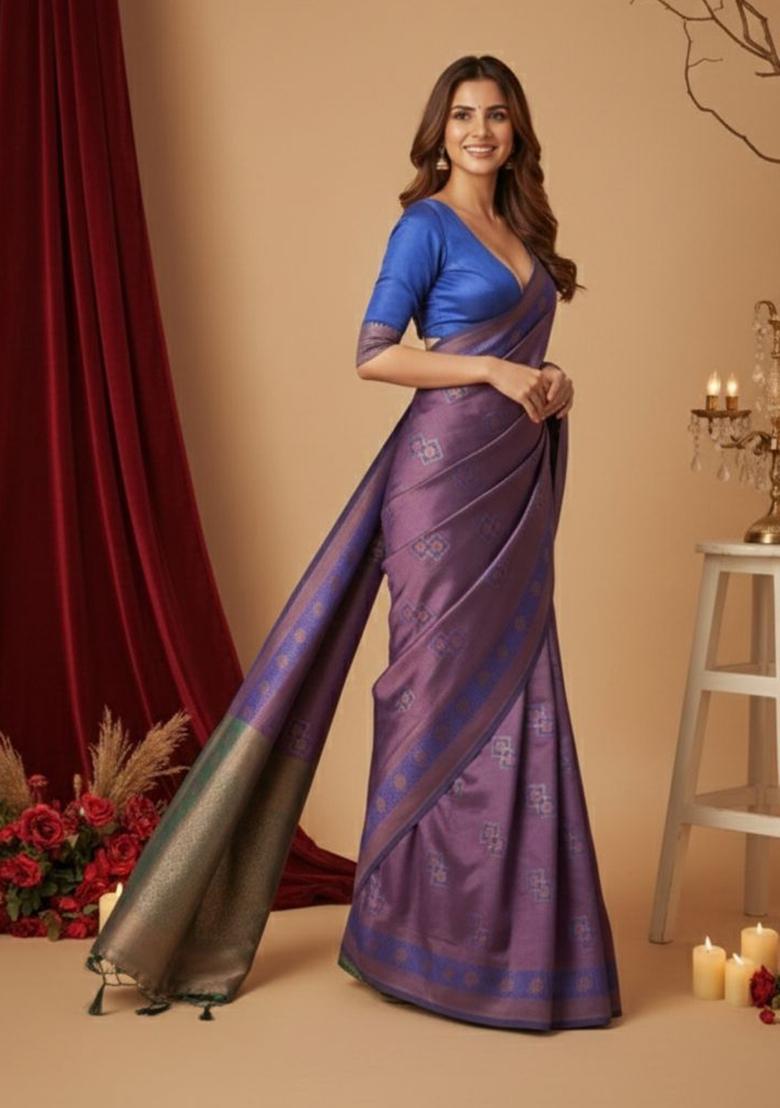 Purple Jacquard Silk Saree Set - Indya