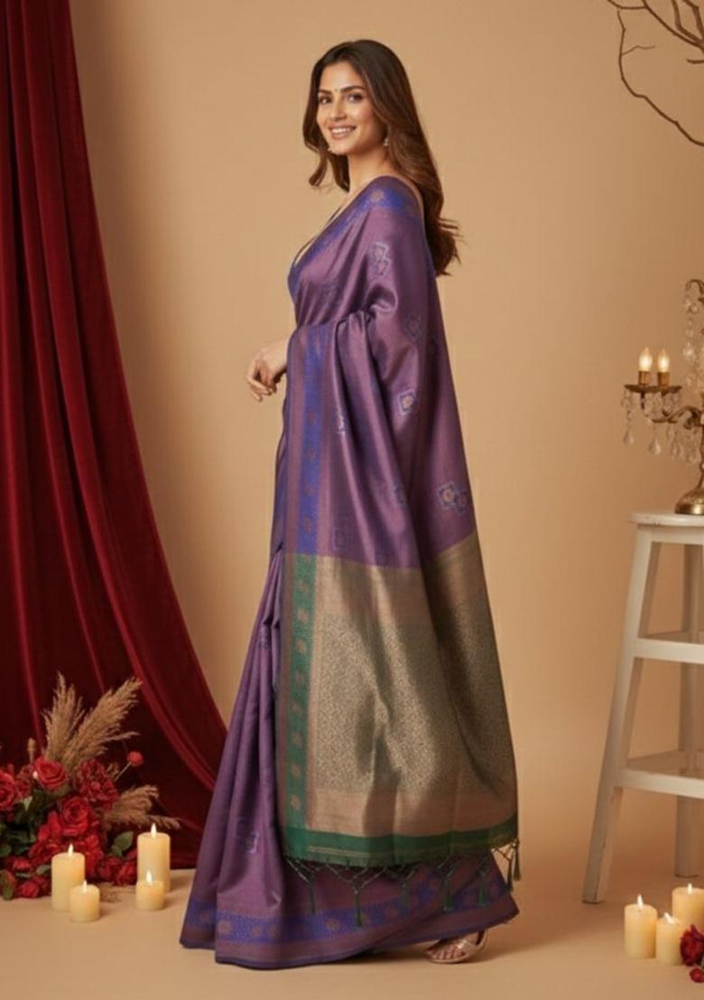 Purple Jacquard Silk Saree Set - Indya
