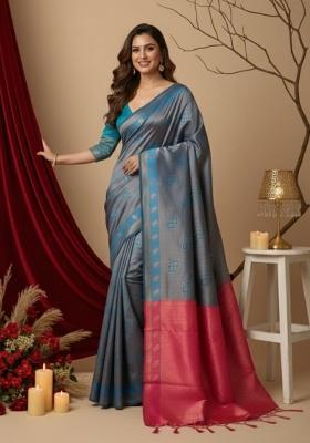 Teal Blue And Pink Jacquard Silk Saree Set