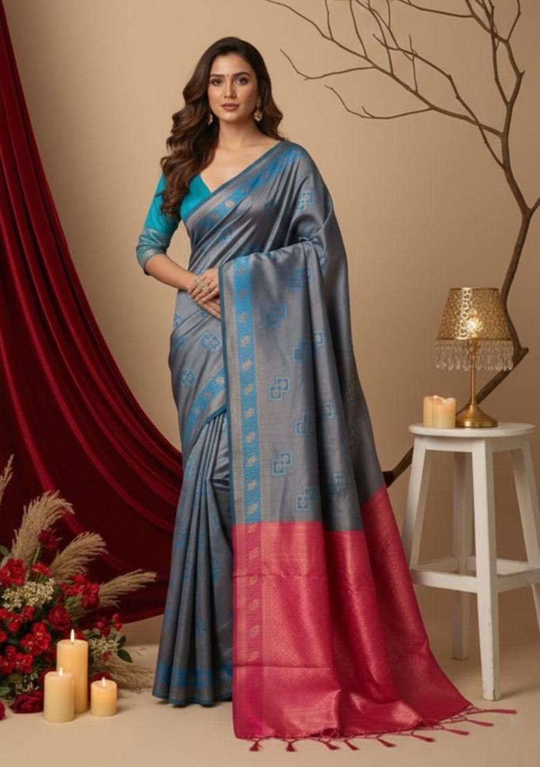 Teal Blue And Pink Jacquard Silk Saree Set - Indya
