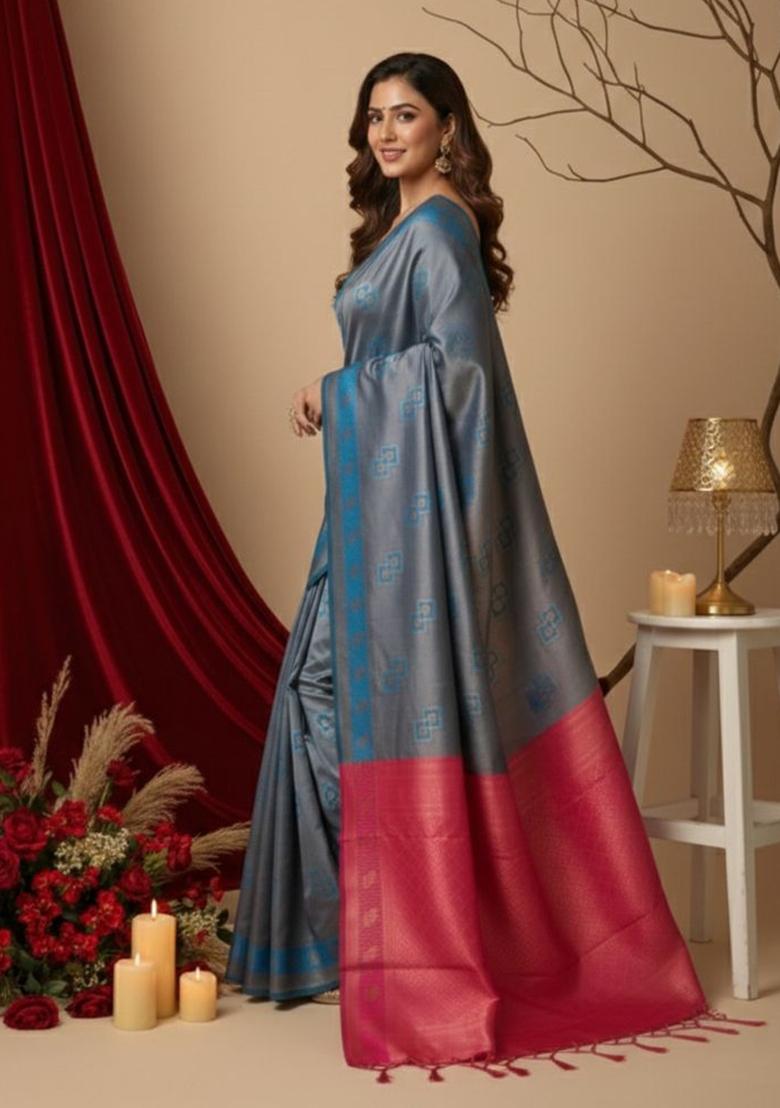 Teal Blue And Pink Jacquard Silk Saree Set - Indya