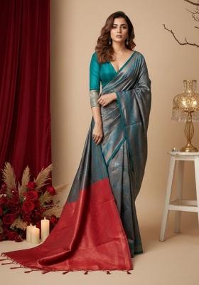 Teal Blue And Red Jacquard Silk Saree Set