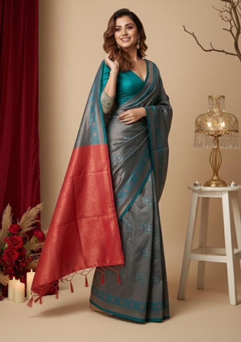 Teal Blue And Red Jacquard Silk Saree Set - Indya