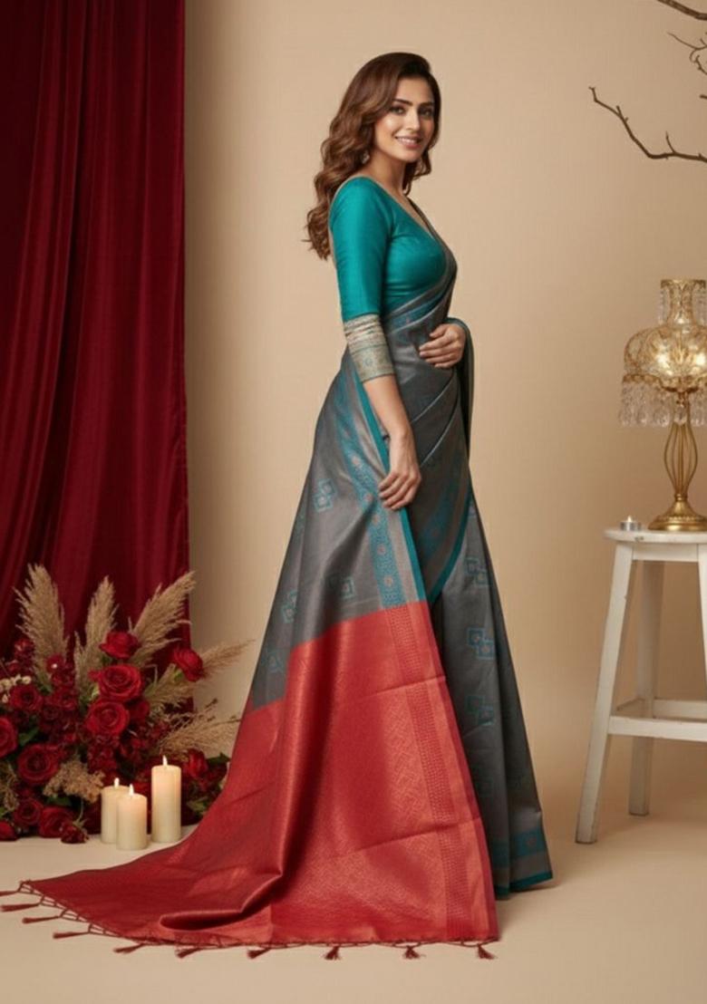 Teal Blue And Red Jacquard Silk Saree Set - Indya